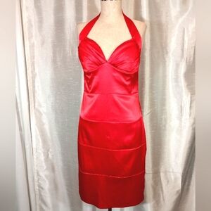 B. Smart Vintage Halter Satin Halter Dress,Red Pleated,ZipUp, Size 10 But Fits 6